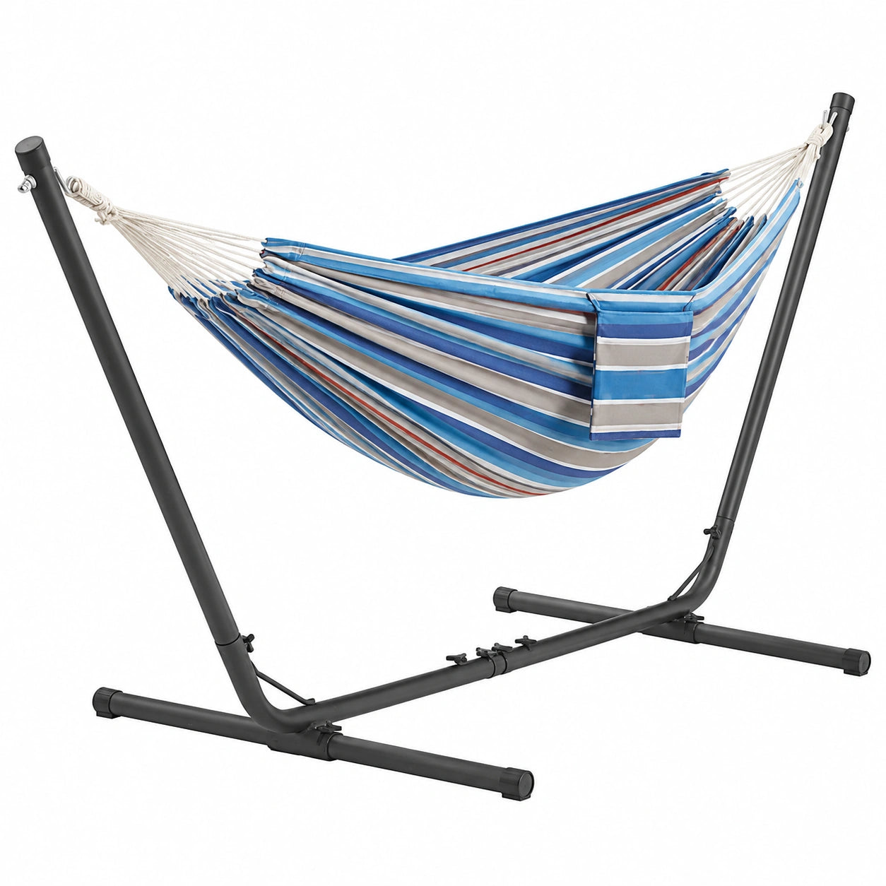 Hamaca Portátil con Soporte Ajustable y Bolsa de Transporte para Exteriores, Capacidad 205kg, Rayas Azul y Rojo