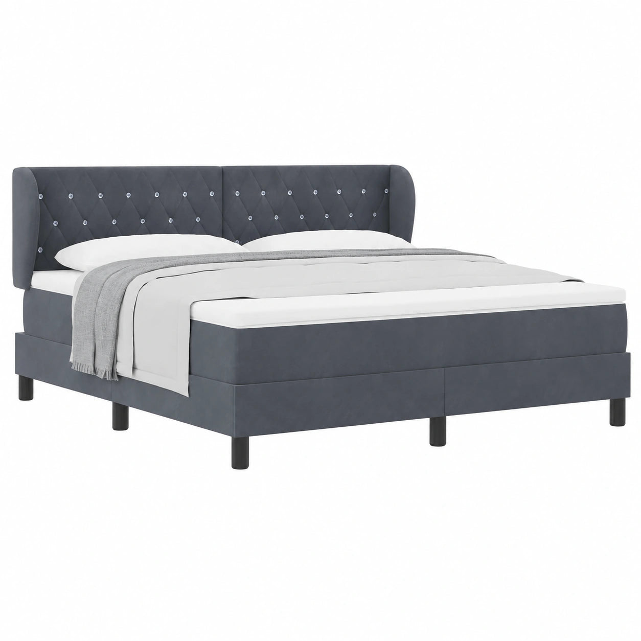 Cama King Size de Terciopelo con Listones, Moderna y Resistente, Gris Oscuro