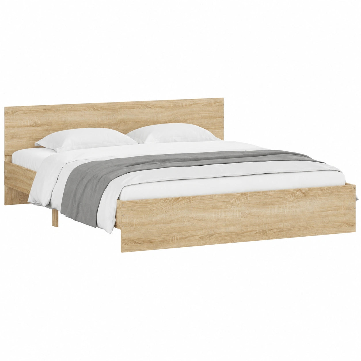 Cama doble de 200x200 cm, estructura de madera, cabecero y piecero de roble Sonoma