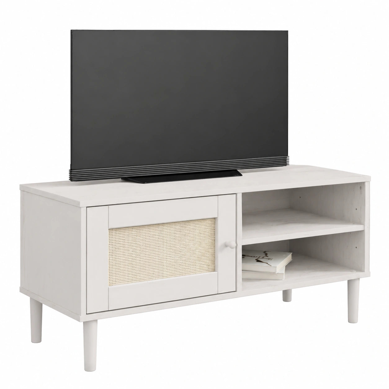 Mueble para TV de Pino Macizo con Detalles de Ratán Blanco, 106x40x49 cm